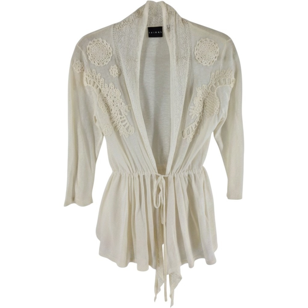 Tribal Cream Linen Blend Crochet Lace Trim Drawstring Cardigan Small 7695O-A15